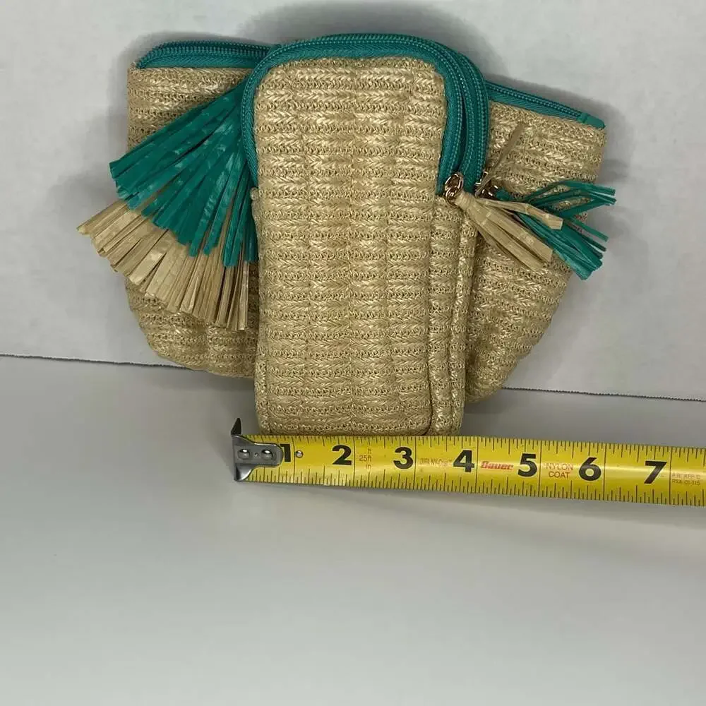 Woven Straw Cosmetic Travel Pouch with Teal Zipper and Tassel Detail
